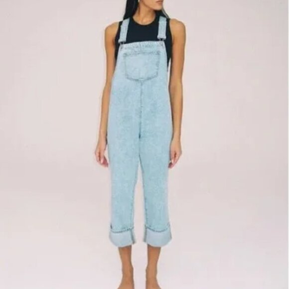 WeWoreWhat Culotte Indigo Denim Cuffed Overalls - Zia Light Rustic, Size S - Picture 3 of 11
